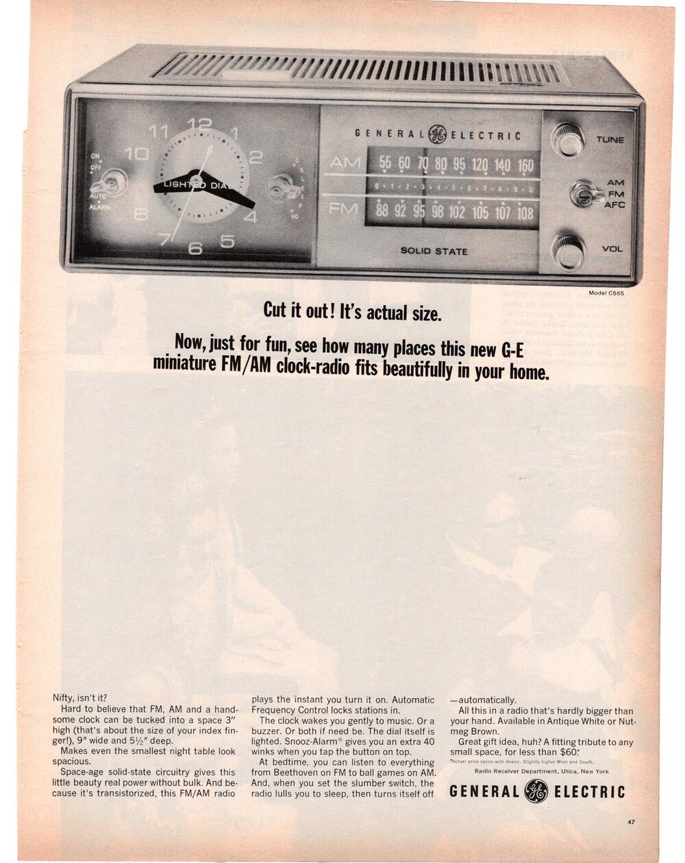 General Electric Clock Radio Advertisement 1965 Vintage Black & White Midcentury